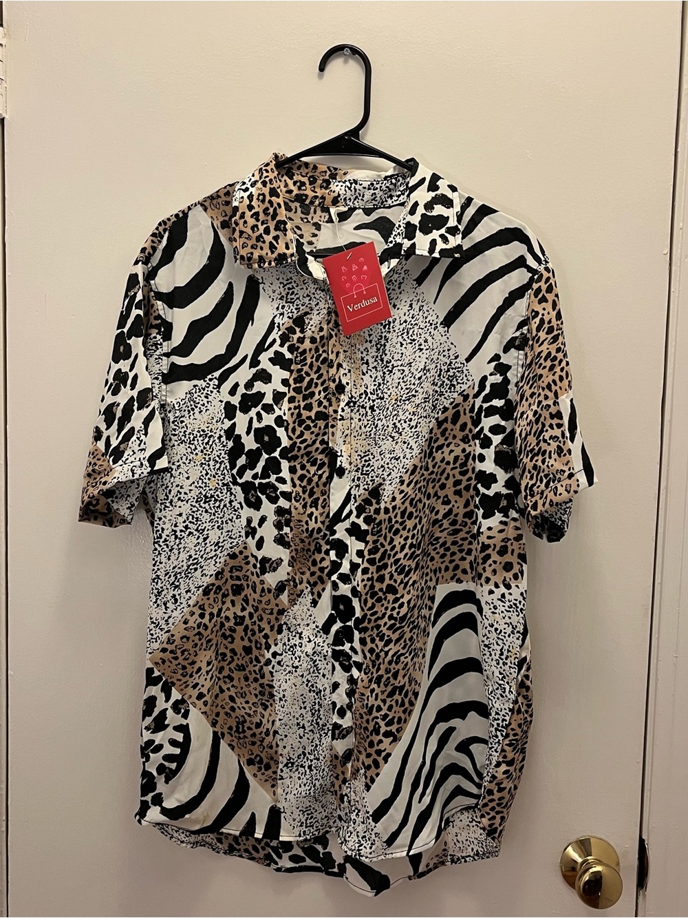 Animal Print Casual Button-Down Shirt - Black, White & Tan
